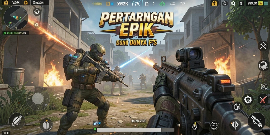 Screenshot menampilkan pertempuran mendebarkan di dunia FPS 999ZK.
