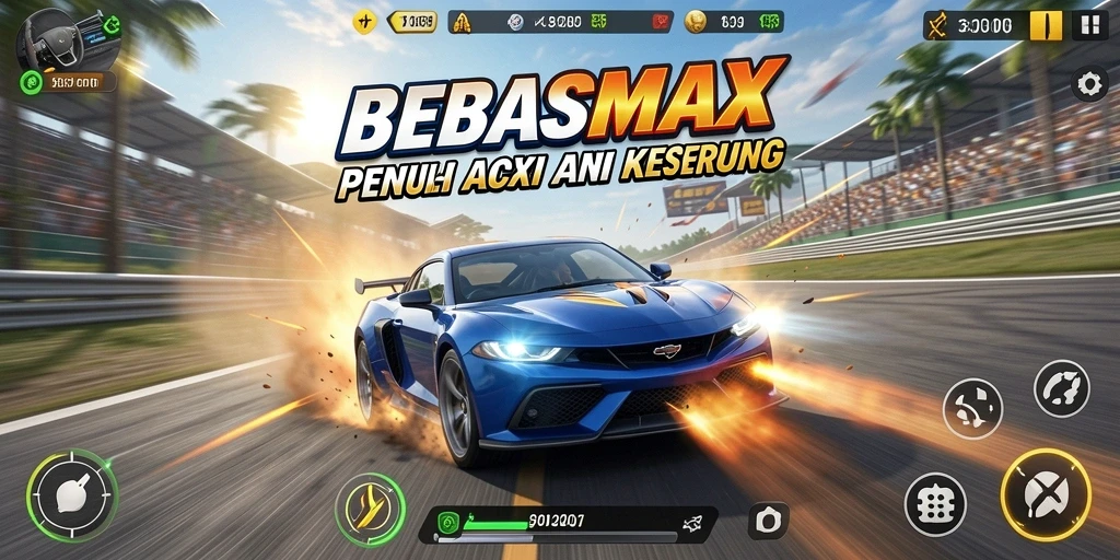 Screenshot gameplay BEBASMAX menampilkan balapan penuh aksi.