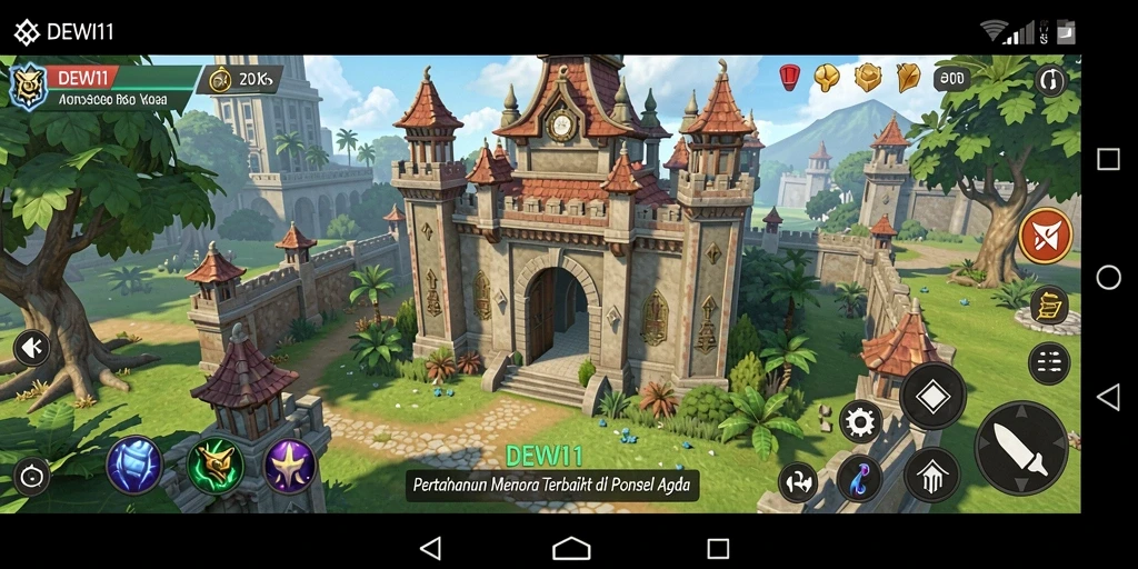 Tangkapan layar gameplay DEWI11 yang menunjukkan aksi menara bertahan.