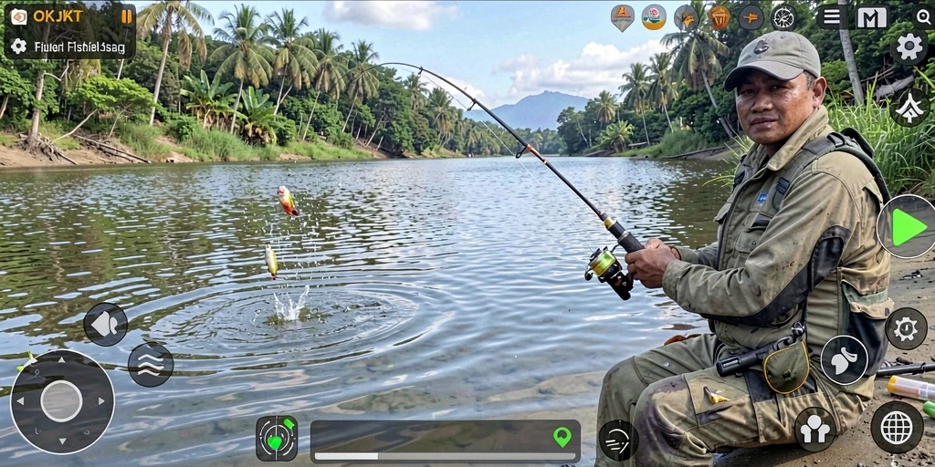 Gameplay menarik OKJKT saat memancing di laut yang indah.