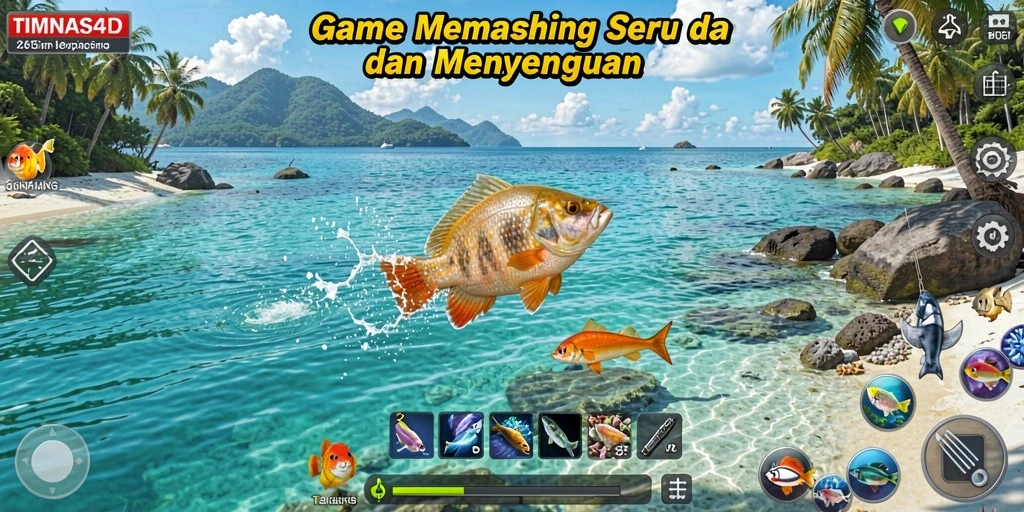 Screenshot gameplay TIMNAS4D menunjukkan aksi memancing yang intens.
